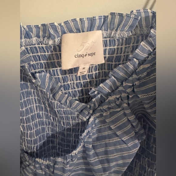 Cinq a Sept Mara Smocked Ruffled Crop Top, Blue Stripes - Picture 5 of 6